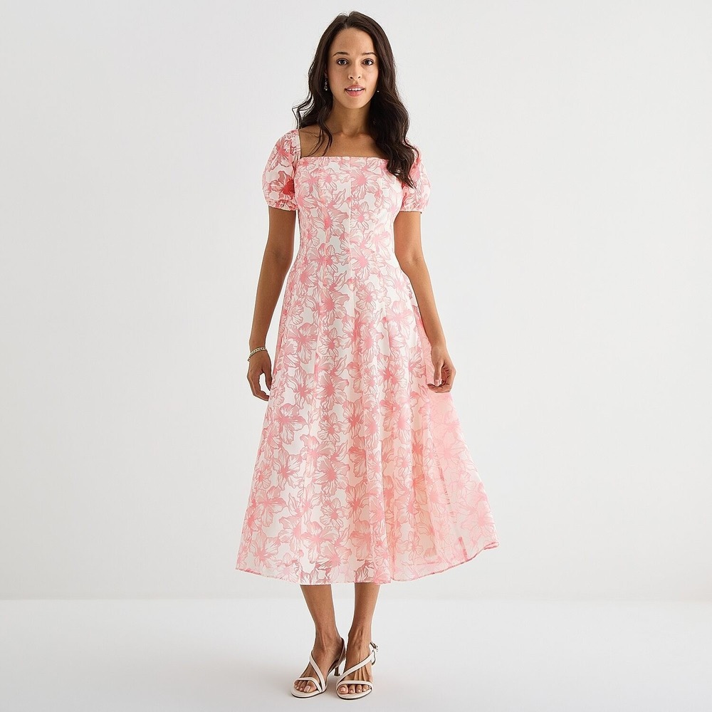 MSRP $94 Melonie T Womens 14 Ivory Pink Floral Midi Dress Square Neck Short